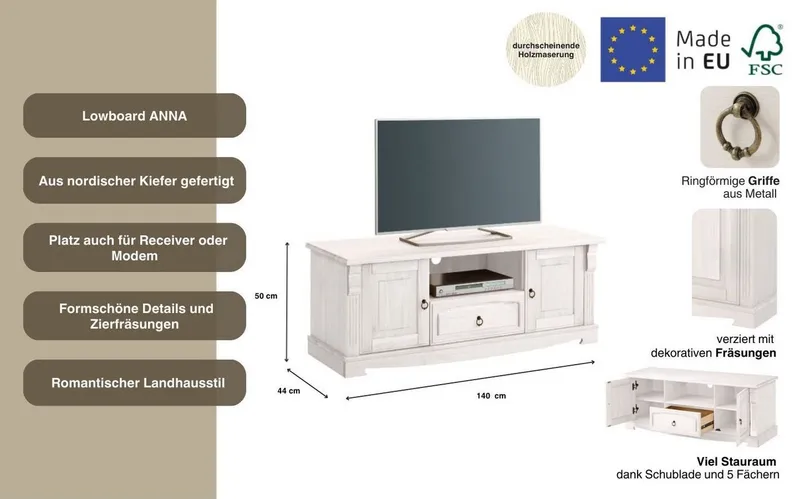 OTTO home Lowboard Anna, TV-Bank, TV-Schrank, im Landhaustil (Gesamtmaße (B/T/H): ca. 140/44/50 cm), TV-Board, Breite 140 cm, 2 Türen, 1 Schublade, Massivholz, FSC®, Weiß, – Produktbild 3 von 5