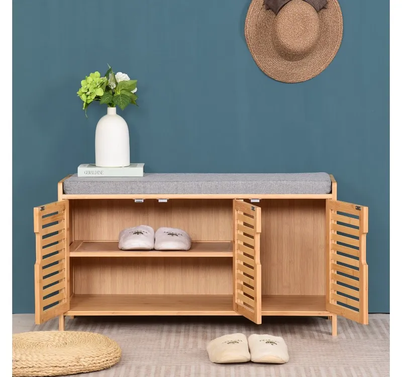 AD.CON Schuhbank Schuhbank aus Bambus mit Schrank und Sitzkissen Sitzbank Schuhregal, Grau, – Produktbild 5 von 5