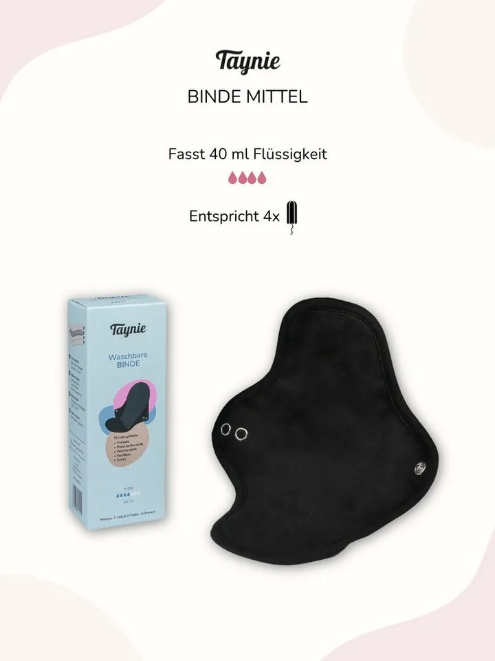 Taynie Taynie Binden Waschbare Binde mittel - wiederverwendbare Stoffbinde mittlere Blutung, Mittelstark, 1-St., Waschbare Binden / Wiederverwendbare Stoffbinden aus Bio-Baumwolle, Schwarz, – Produktbild 4 von 5