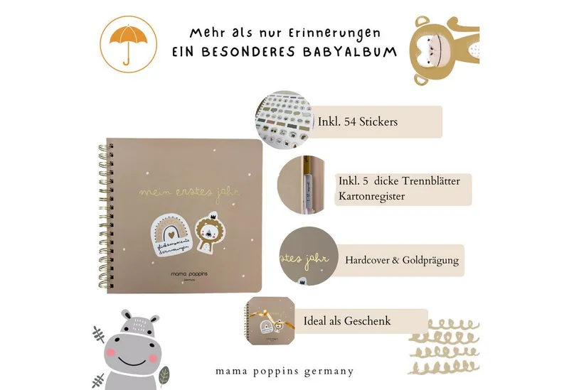 Mama Poppins Germany Mama Poppins Germany Tagebuch Babyalbum Mein 1. Jahr zum Ausfüllen, Babytagebuch, Beige|goldfarben, – Produktbild 2 von 5