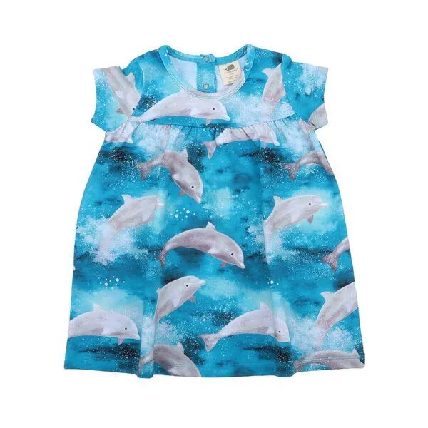 Walkiddy Kinderkleid GOTS zertifiziert, blau, Delfin-Allover „Happy Dolphins“, Kurzarm, weich – Walkiddy – Produktbild 1 von 2