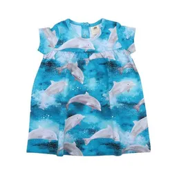 Walkiddy Kinderkleid GOTS zertifiziert, blau, Delfin-Allover „Happy Dolphins“, Kurzarm, weich – Walkiddy – Produktbild 1 von 1