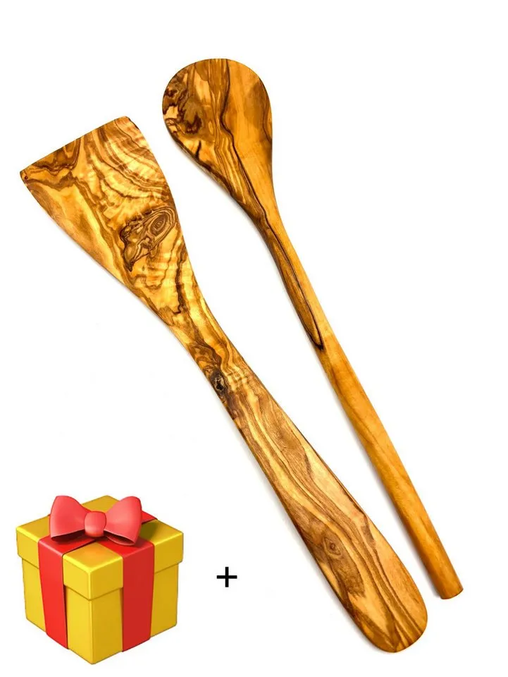 Olivenholz erleben Olivenholz erleben Kochlöffel 2tlg. Kochlöffel-Set (Kochlöffel rund, Pfannenwender ohne Löcher), Kochbesteck aus Olivenholz ist hitzebeständig und schonend zu Pfannen, Braun, – Produktbild 1 von 2