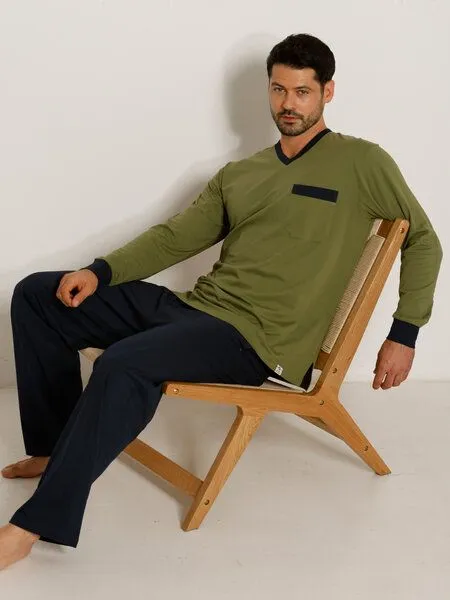 Haasis Bodywear Haasis Bodywear Herren Pyjama V-Ausschnitt, Bio Baumwolle, Navy/olive, – Produktbild 1 von 4