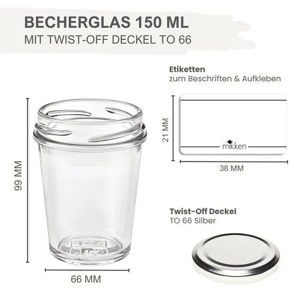 mikken mikken 100 Dessertgläser 150 ml Einmachgläser mit Schraubdeckel, Silber, – Produktbild 3 von 3