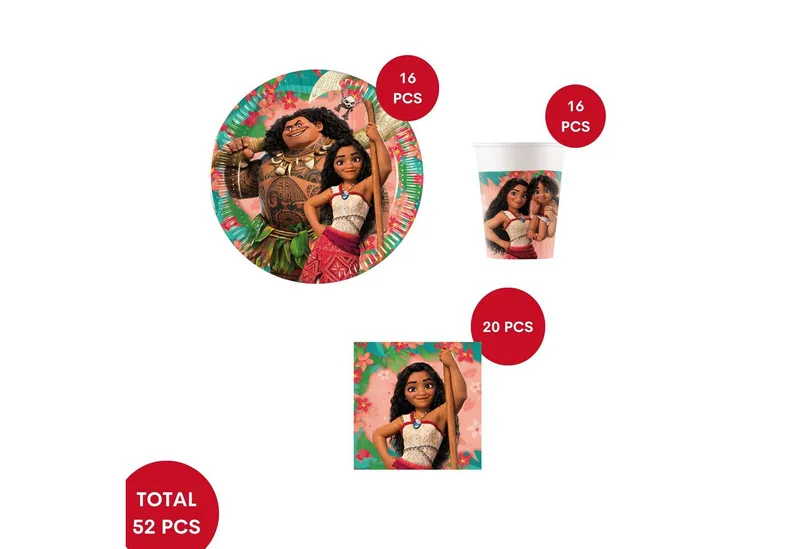 Procos Einweggeschirr-Set Vaiana 2 Partygeschirr Set 52-tlg Kindergeburtstag Moana Teller Becher, 16 Personen, Bunt, – Produktbild 2 von 5
