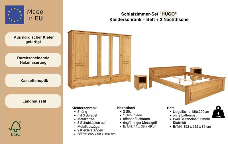 OTTO home Schlafzimmer-Set Hugo, (Set, 4-tlg), Bett 180x200 cm, 5-trg Kleiderschrank und 2 Nachttische, Beige, – Produktbild 5 von 5