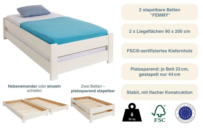 OTTO home Stapelliege "Femmy " 2 Betten, stapelbar, platzsparend, zertifiziertes Massivholz (Kiefer), Weiß, – Produktbild 4 von 5
