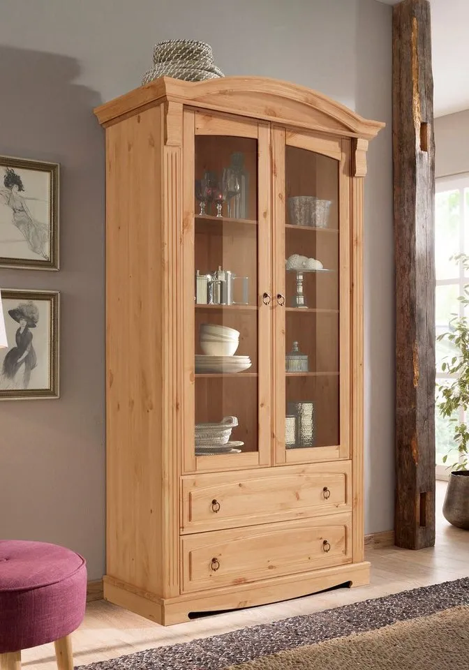 OTTO home Glasvitrine Anna, Standvitrine, Vitrinenschrank, Vitrine (Gesamtmaße (B/T/H): ca. 97/46/188 cm) mit Glastüren, 2 Schubladen, Höhe 188 cm, aus massiver Kiefer, FSC®, Beige, – Produktbild 3 von 4