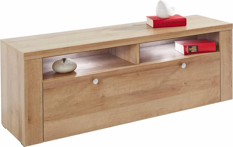 OTTO home Lowboard Larona, zeitloses TV Board mit 1 Klappe und 2 offenen Fächern, Breite 140 cm, Fernsehbank, viel Stauraum, dekorative Rahmenoptik, Beige, – Produktbild 2 von 5
