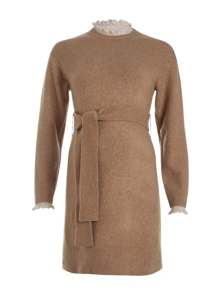 Vertbaudet Vertbaudet Umstandskleid Umstands-Strickkleid mit Bindegürtel und Rüschen, Grau, – Produktbild 2 von 5