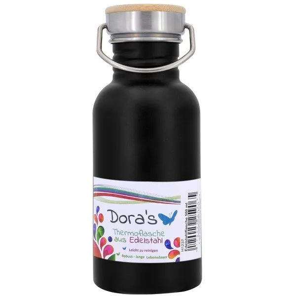 Dora's Dora's Dora’s Retro-Edelstahlflasche (500ml) Einwandig & Leicht + Bambus-Deckel, Schwarz, – Produktbild 1 von 4