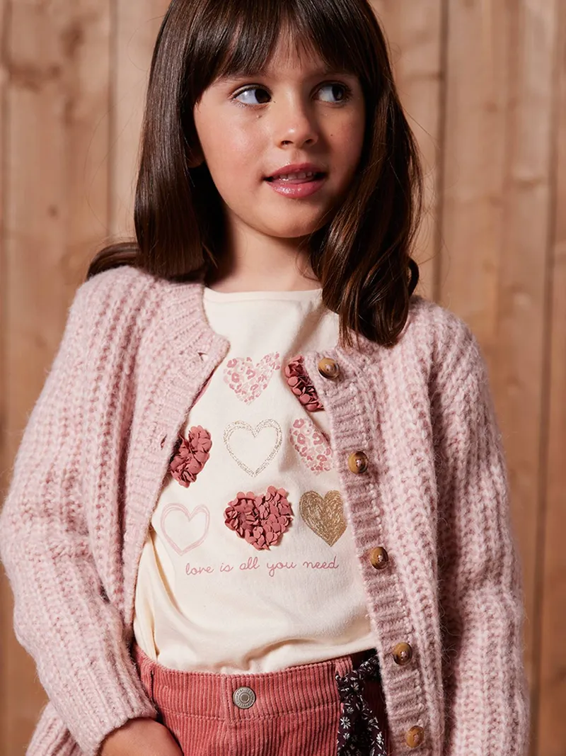 Vertbaudet Mädchen Langarmshirt mit Relief-Herz, Wollweiß, – Produktbild 1 von 4