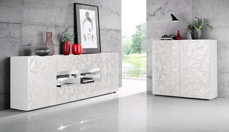 Home affaire Highboard Prisma Höhe 111 cm, Breite 121 cm, Kommode 2 Türen, Hochkommode, Front mit elegantem Siebdruck, grifflos, viel Stauraum, Weiß, – Produktbild 4 von 5