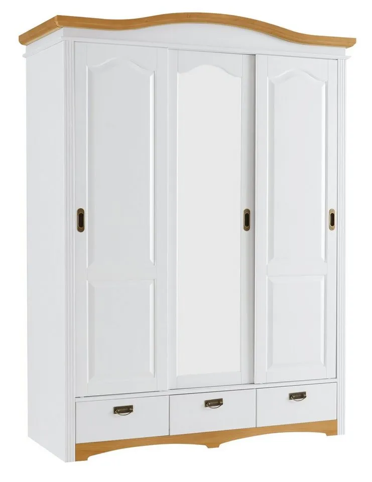 OTTO home Schiebetürenschrank Konrad, Landhausstil, rustikal, mit Schubladen + Spiegel, Kassetten (B/H/T ca. 153 cm x 207 cm x 64 cm) massive Kiefer, FSC®-zertifiziert, Messinggriffe, Weiß, – Produktbild 3 von 5
