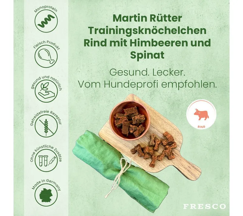 Fresco Dog Martin Rütter Trainingsknöchelchen 1kg, Hunde Leckerli Rind mit Himbeeren Spinat, Snack für: Hunde, getreidefrei, zuckerfrei, hoher Fleischanteil – Produktbild 2 von 5