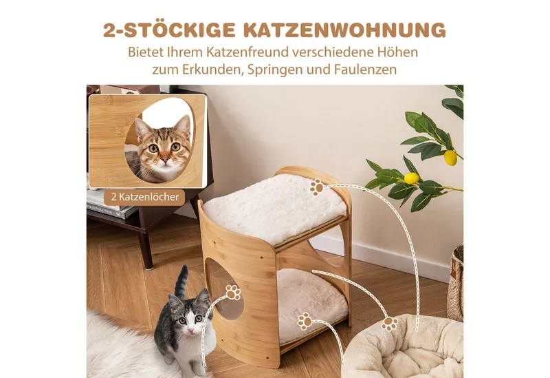 COSTWAY COSTWAY Tierbett, 2 Etagen Katzenhaus, mit 2 Betten, aus Bambus – Produktbild 2 von 5