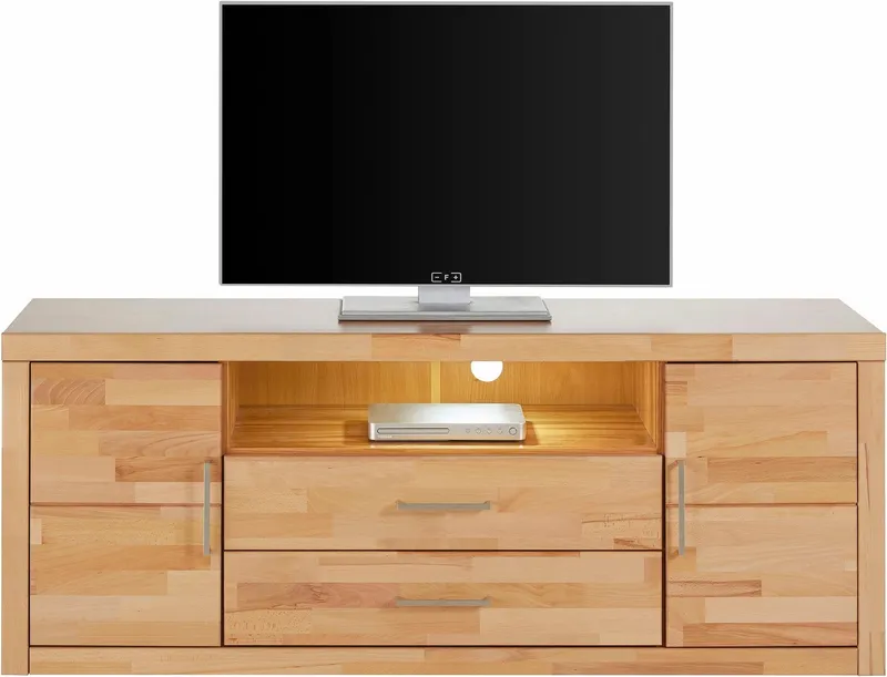 OTTO home Lowboard Logo,160cm breit,42 cm tief, Fronten Massivholz, Kabeldurchführung, Korpus Holzwerkstoff,62 cm hoch, 5 Fächer, Metallgriffe, Braun, – Produktbild 3 von 5