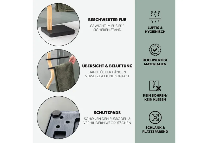 eluno Handtuchständer freistehend, 2 Stangen FSC-Holz und schwarzem Metall, Schwarz, – Produktbild 5 von 5
