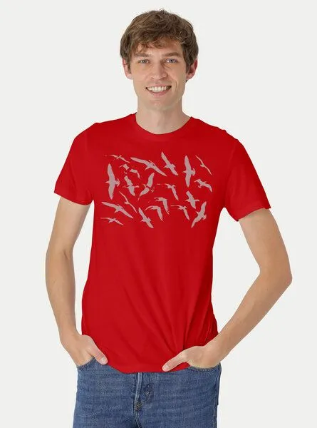 Peaces.bio - handbedruckte Biomode Peaces.bio - handbedruckte Biomode Fit T-Shirt Möwen Herren, Rot, – Produktbild 1 von 3
