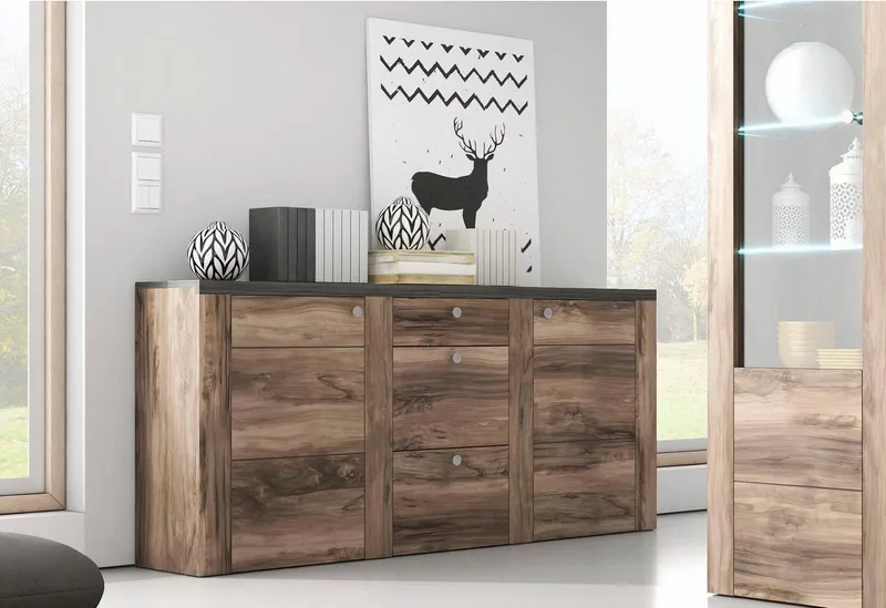 OTTO home Sideboard Larona, zeitlose Kommode mit 2 Türen, 3 Schubkästen, Türkommode, Höhe 84 cm, viel Stauraum, Anrichte mit dekorativer Rahmenoptik, Braun, – Produktbild 1 von 8