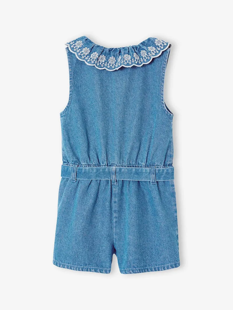 Vertbaudet Kurzoverall Denim bestickter Kragen Mädchen, Blue stone, – Produktbild 3 von 4