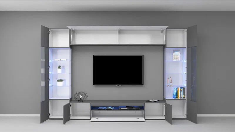 OTTO home Wohnwand New Egypt, (4-St., Breite 290cm), bestehend aus 2 Stauraumvitrinen, 1 Lowboard, 1 Hängeschrank, Grau, – Produktbild 4 von 5