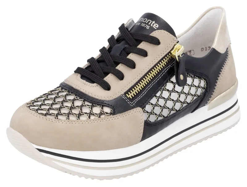Remonte Remonte Plateausneaker, Freiezitschuh, Halbschuh, Schnürschuh, vegan, Kontrastbesatz, Beige|schwarz, – Produktbild 2 von 5