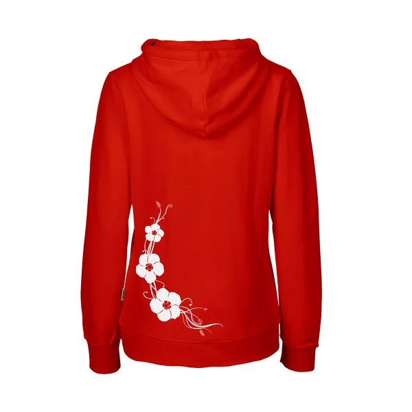 HANDGEDRUCKT HANDGEDRUCKT "Hibisken" Frauen Zip-HOODY aus reiner Biobaumwolle (kbA), Red, – Produktbild 2 von 3