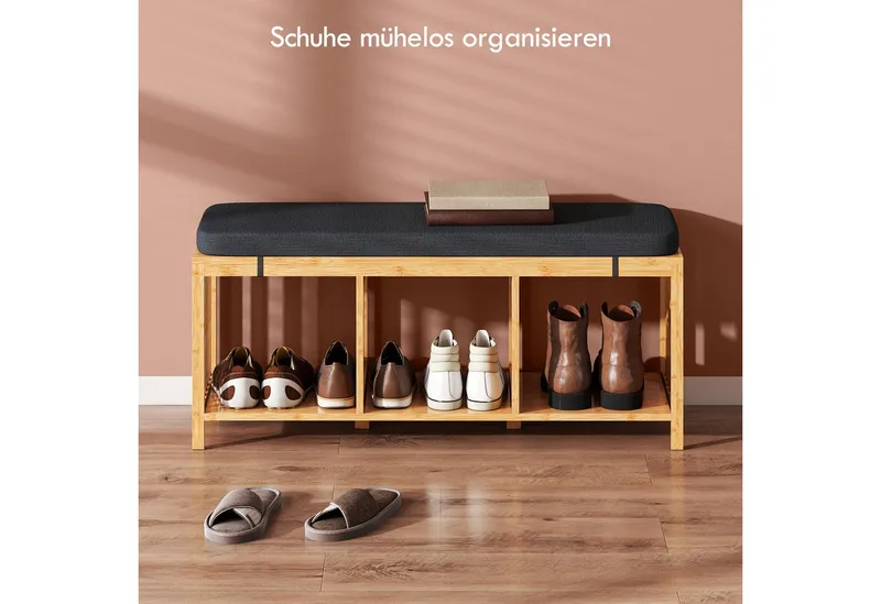 HOMCOM HOMCOM Schuhbank Schuhregal mit Stauraum, Sitzbank aus Bambus mit offener Ablage (Flurbank, 1-St., inkl. Sitzkissen), Schuhbank mit Sitzkissen und Stauraum, Beige, – Produktbild 5 von 5