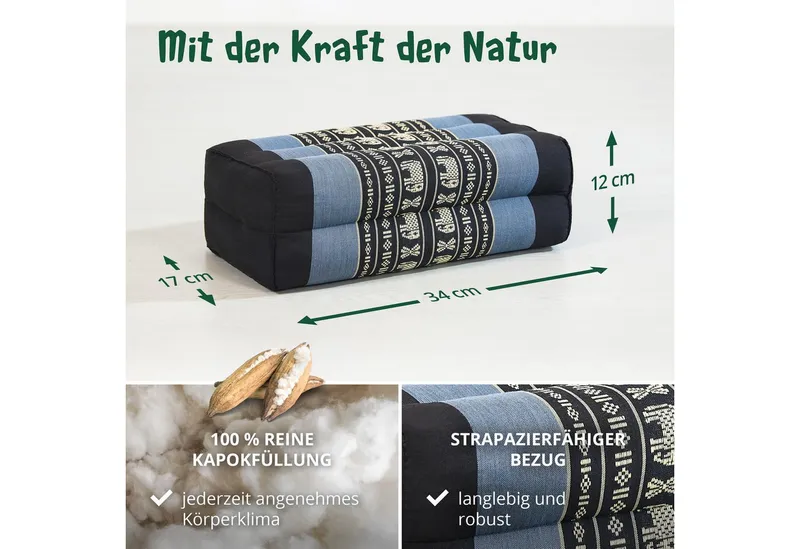 livasia Stützkissen Yogakissen (Classic) vegan und handgefertigt, 17x34x12cm, Kapok, Blau, – Produktbild 4 von 5
