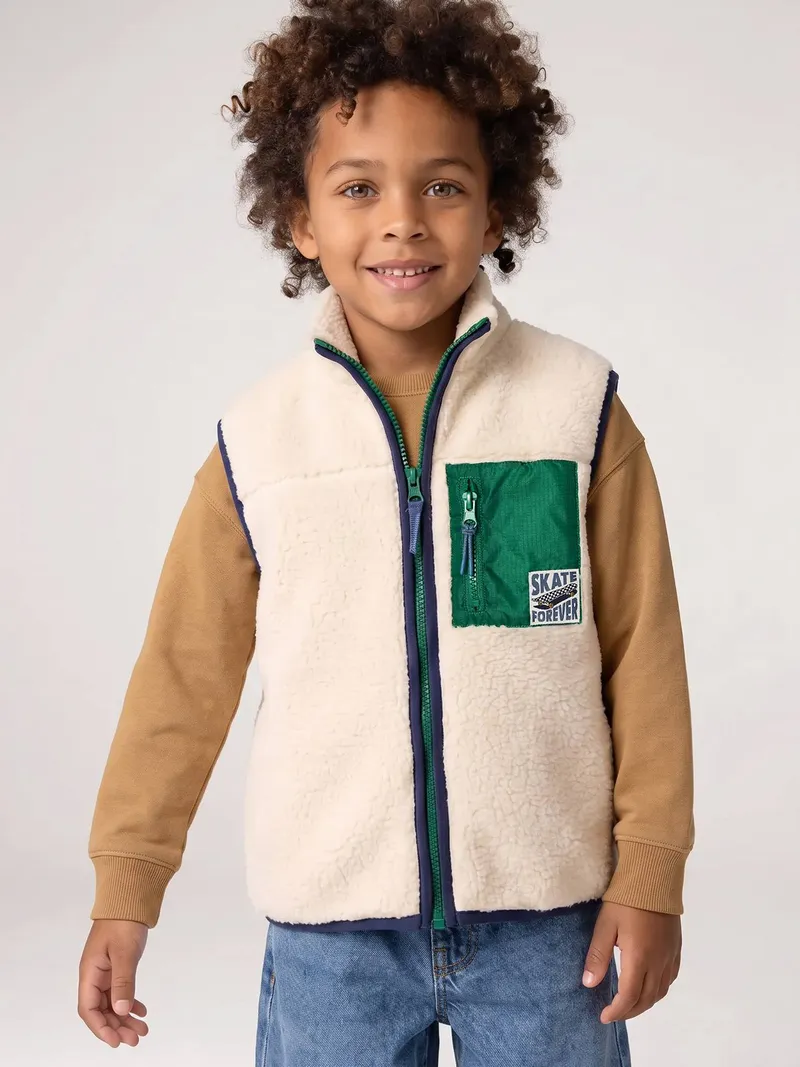 Vertbaudet Vertbaudet Jungen Teddyfleece-Weste mit Brusttasche, Wollweiß, – Produktbild 1 von 4
