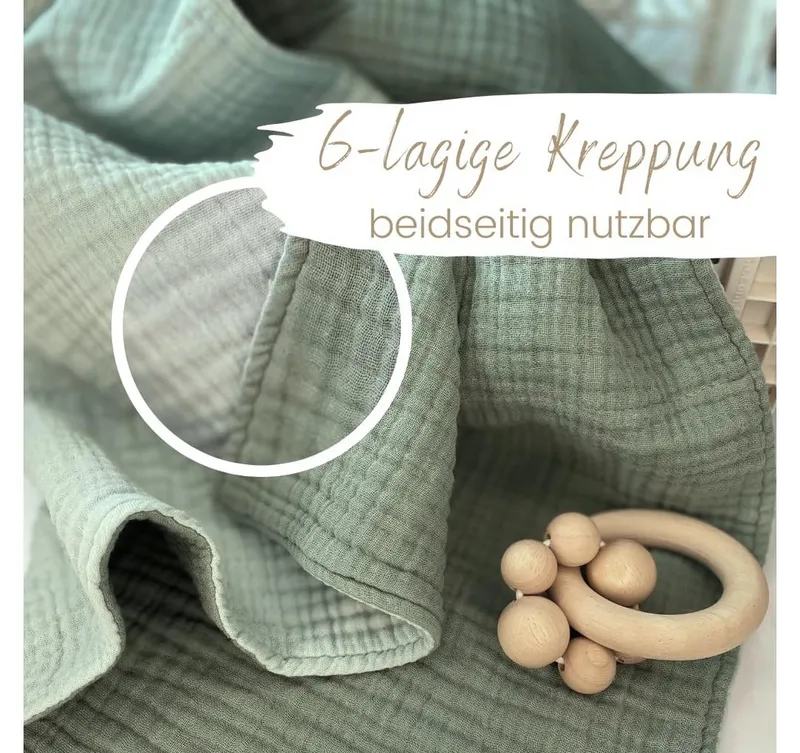 Babydecke Musselin Babydecke 6-lagig gekreppt, 100% GOTs Bio-Baumwolle, DIKOS, PREMIUM Qualität, 70x100 cm, atmungsaktiv, nachhaltig, kuschelweich, Mint, – Produktbild 2 von 5