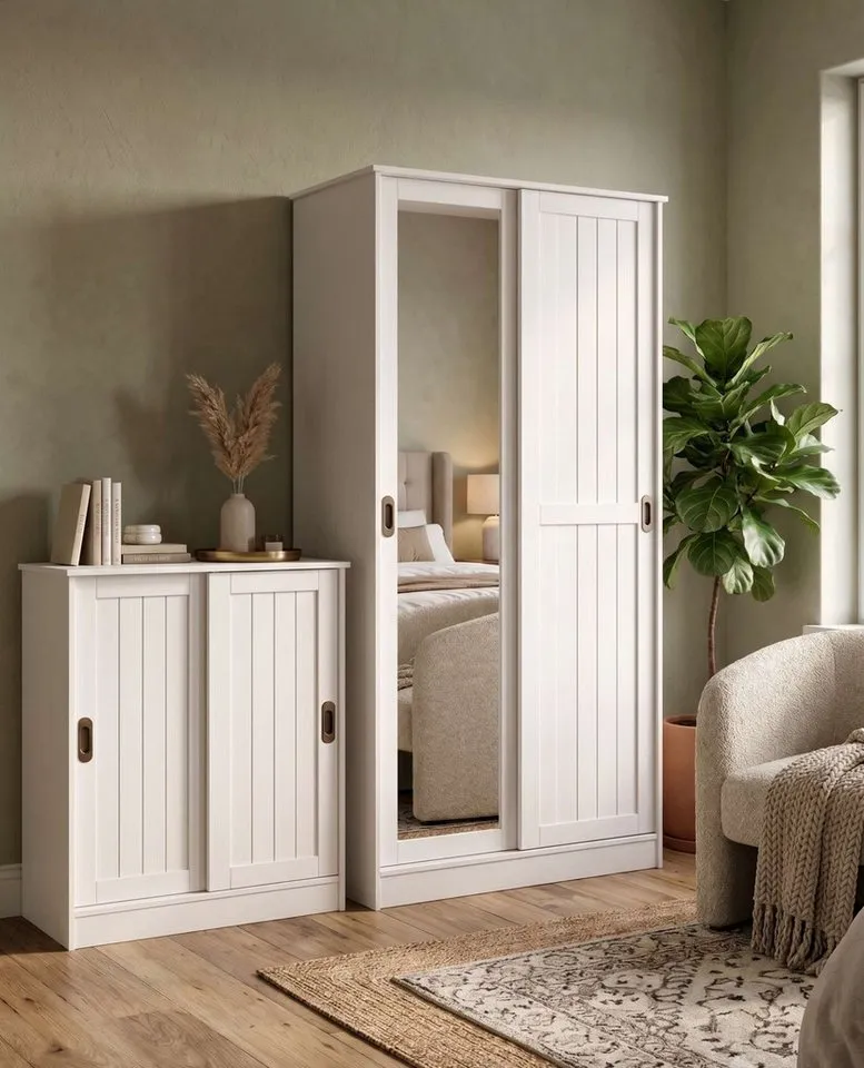 OTTO home Garderobenschrank Malmö Mehrzweckschrank mit Schiebetüren und Spiegel (B/T/H: 93/37/184 cm) aus massiver FSC®-zertifizierter Kiefer, B/T/H 93/37/187 cm, Weiß, – Produktbild 4 von 5