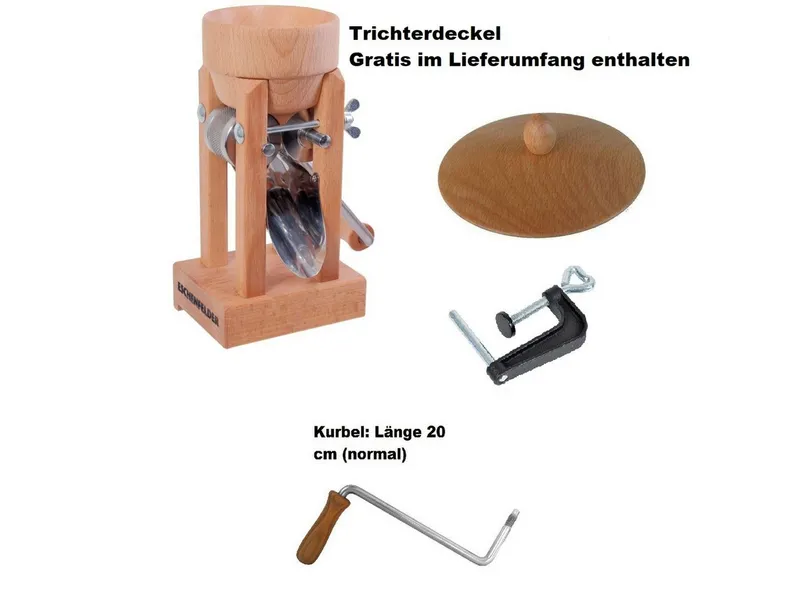 Eschenfelder Getreidemühle Kornquetsche Flockenquetsche Tischmodell Holztrichter abnehmbar Set Manuell, (4 Stück), Kurbel 20-25cm, Tisch-Schraubzwinge, Reinigungsbürste, Trichterdeckel, Beige, – Produktbild 2 von 5