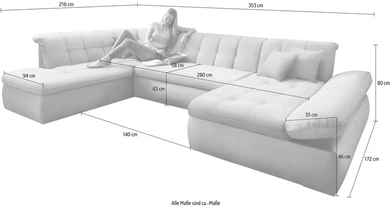 DOMO collection Wohnlandschaft NMORIC im XXL-Format, 353x216x80 cm, inkl. Zierkissen U-Form, wahlweise mit Bettfunktion und Armlehnenverstellung, Braun, – Produktbild 8 von 8