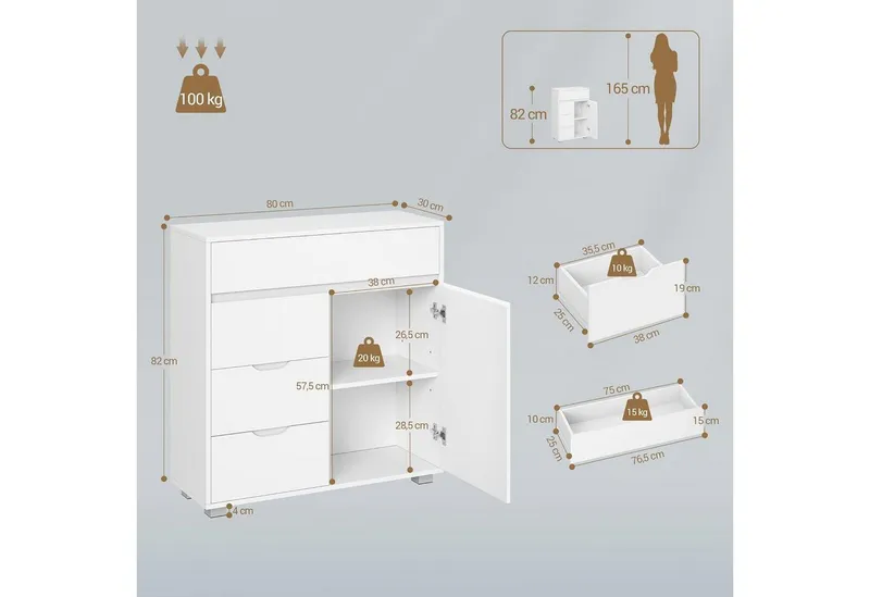 LuxusKollektion Badkommode Badezimmerschrank Kommode 4 Schubladen Schranktür Weiß 30 x 80 x 82 cm, Weiß, – Produktbild 3 von 4