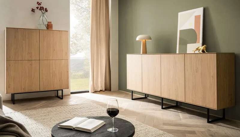 Furn.Design Sideboard Breda (Anrichte in Stone Eiche Dekor, 4-türig, 200 x 90 cm), 8 Fächer, Push-To-Open-Funktion, Beige, – Produktbild 4 von 5