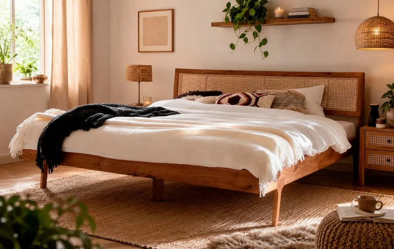 OTTO home Massivholzbett Hällevik, Kopfteil höhenverstellbar, Eiche massiv, mit Wiener Geflecht (mehrere Breiten), skandinavischer Stil, Made in EU, FSC®-zertifiziert, sehr stabil, Beige, – Produktbild 5 von 8