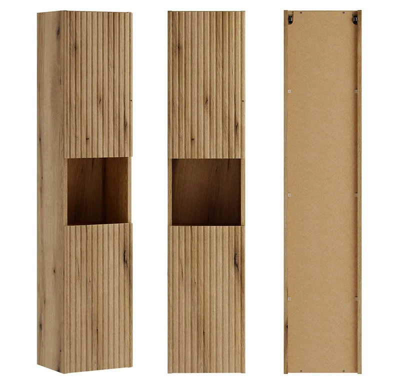 Lomadox Hochschrank NEWPORT-56-EVOKE Badschrank Eiche Rillen 30 cm Fach in Weiß grifflos Softclose Türen, Braun, – Produktbild 5 von 5