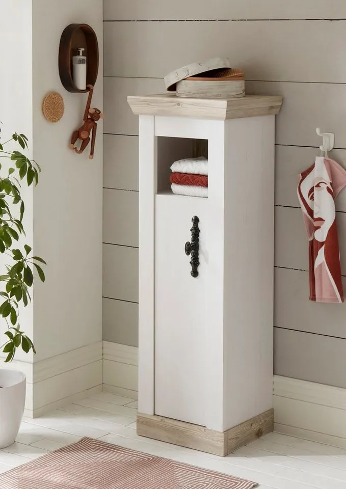 Home affaire Midischrank Florenz, Badschrank im Landhausstil, Schrank mit Metallgriffen in Pinie Weiß, offenes Fach und Stauraum hinter Drehtür, Weiß, – Produktbild 3 von 5