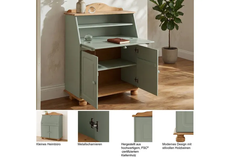 OTTO home Sekretär Mette, Schreibtisch im Landhausstil, aus Massivholz, Breite 82 cm, Weiß, – Produktbild 3 von 8