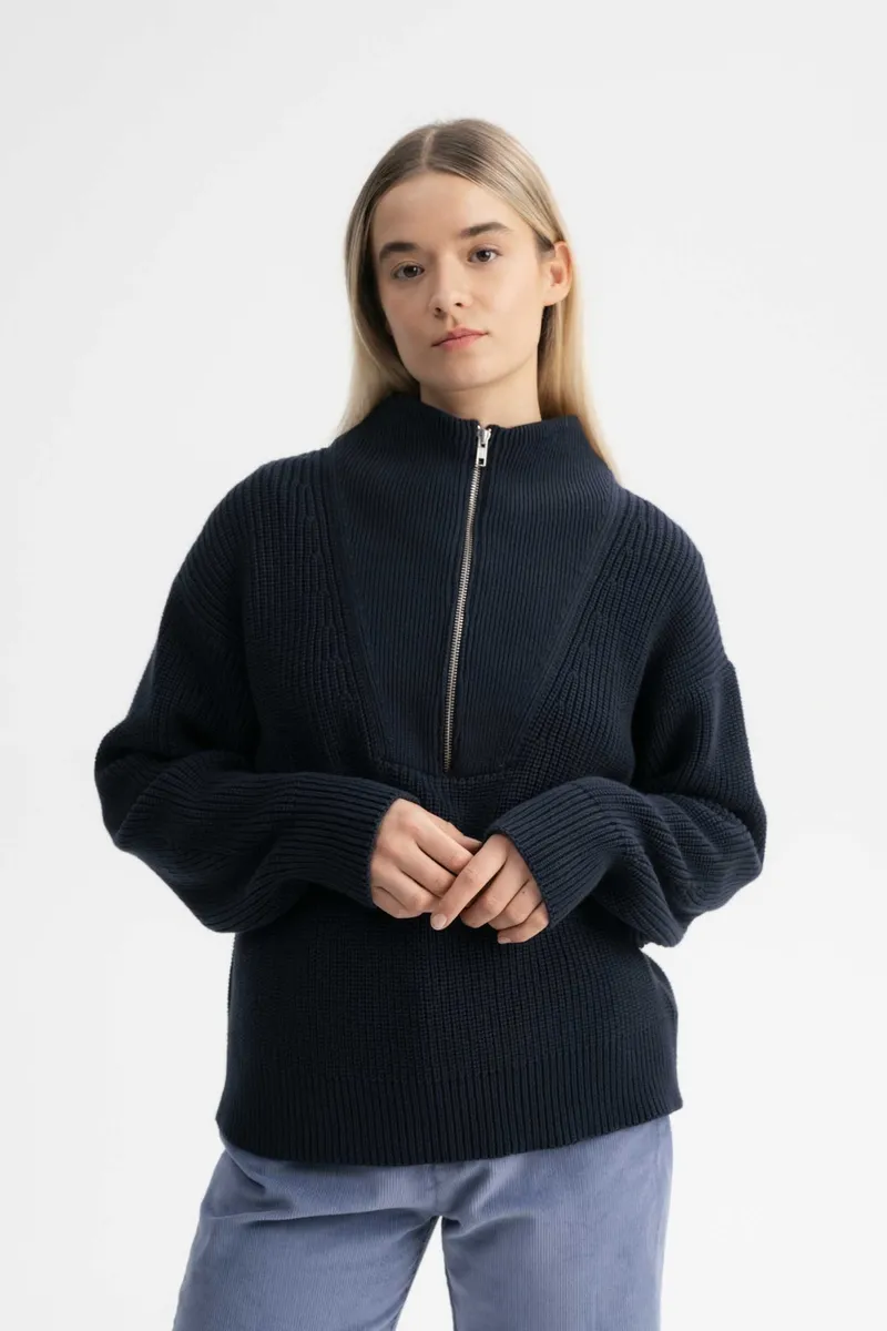 MELA MELA Damen vegan Troyer Rippenstrick Kimaya Marineblau, Extra dunkelblau, – Produktbild 2 von 2