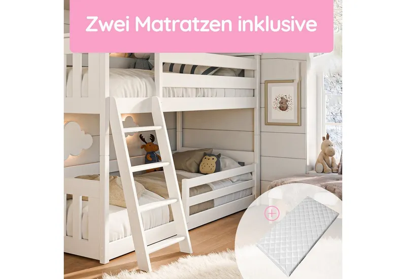 Kids Collective Etagenbett Hochbett Stockbett Kinderbett 90x200 cm Rausfallschutz & Lattenrost, Bett für Mädchen & Jungen 90x200 cm mit 2 Matratzen Kiefernholz, Weiß, – Produktbild 3 von 5