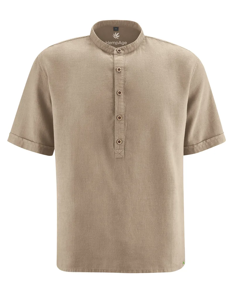 HempAge Hempage Herren vegan Hemd Kurze Ärmel Stehkragen Grit Beige, Grau, – Produktbild 1 von 2