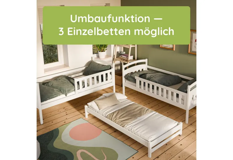 Kids Collective Etagenbett Hochbett Stockbett Kinderbett 90x200 cm mit Ausziehbett und Schubladen, Umbaubar zu 3 Einzelbetten mit Lattenrosten & Rausfallschutz, Grau, – Produktbild 4 von 5