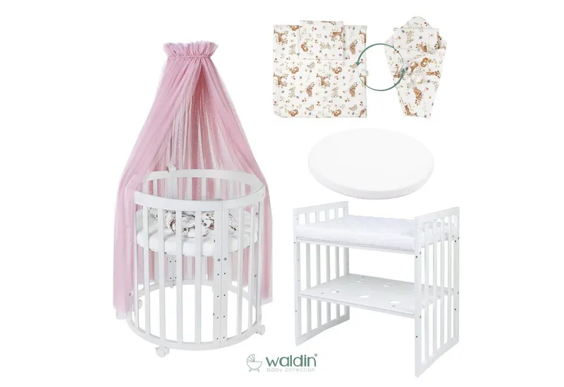 Waldin Waldin Babybett Oval 7in1 mitwachsend, Beistellbett, Matratze, Rollen, Rosa, – Produktbild 3 von 5