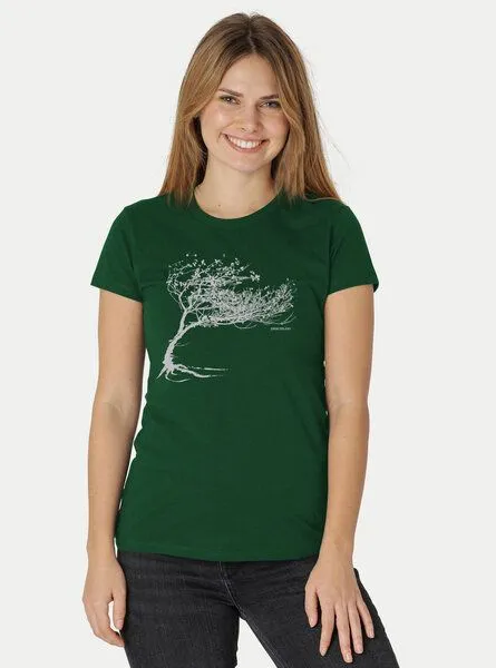 Peaces.bio - handbedruckte Biomode Peaces.bio - handbedruckte Biomode Bio-Damen-T-Shirt "Windy Tree", Flaschengrün, – Produktbild 1 von 2