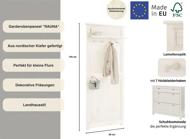 OTTO home Garderobenpaneel Rauna, aus massiver Kiefer, Breite 85 cm, FSC®-zertifiziert, Weiß, – Produktbild 1 von 5