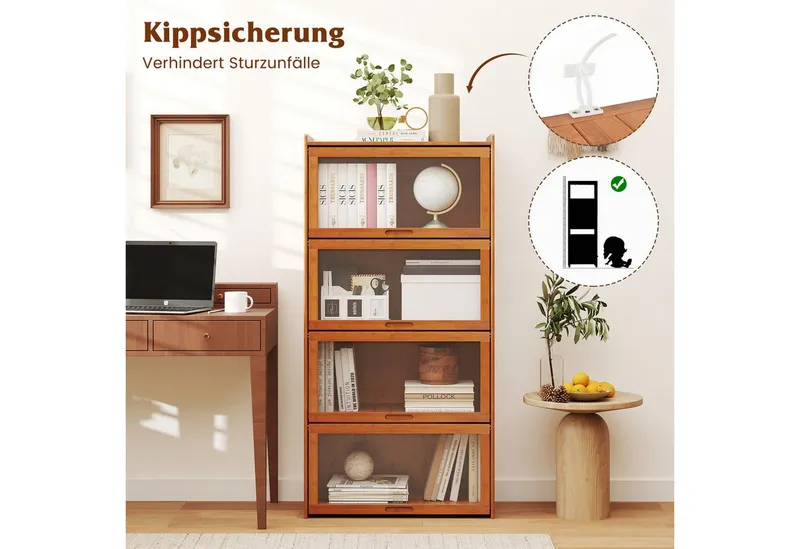 KOMFOTTEU Bücherregal, Vitrinenschrank aus Bambus, mit Türen, Braun, – Produktbild 2 von 5